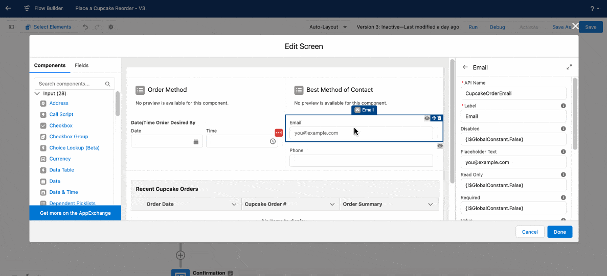 Shows that the Email and Phone fields have component visibility filters, and the resulting user experience