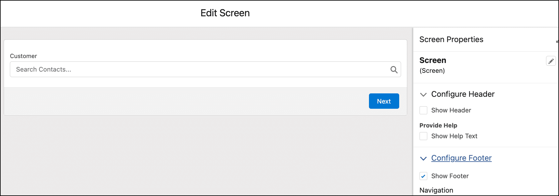 Header and footer configuration for Screen element