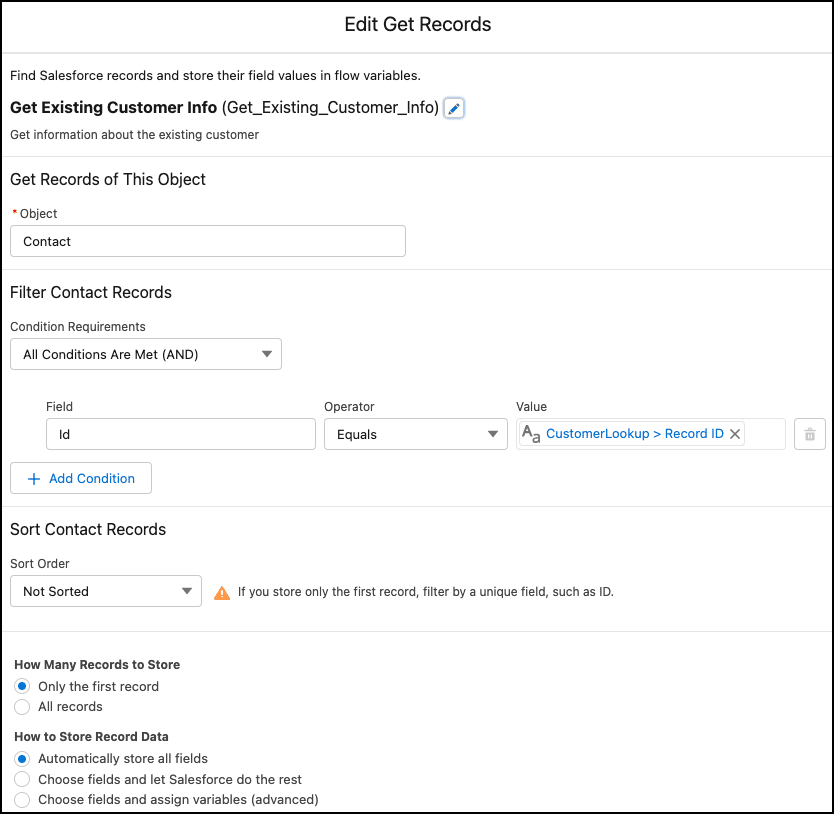 Get Records to find first contact record that matches the contact selected in the Screen element