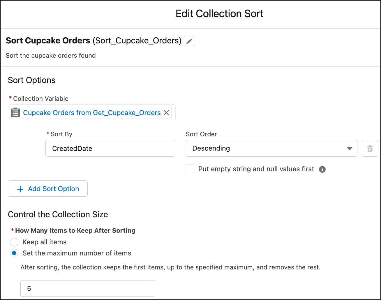 Collection Sort element to limit cupcake orders by most recent five