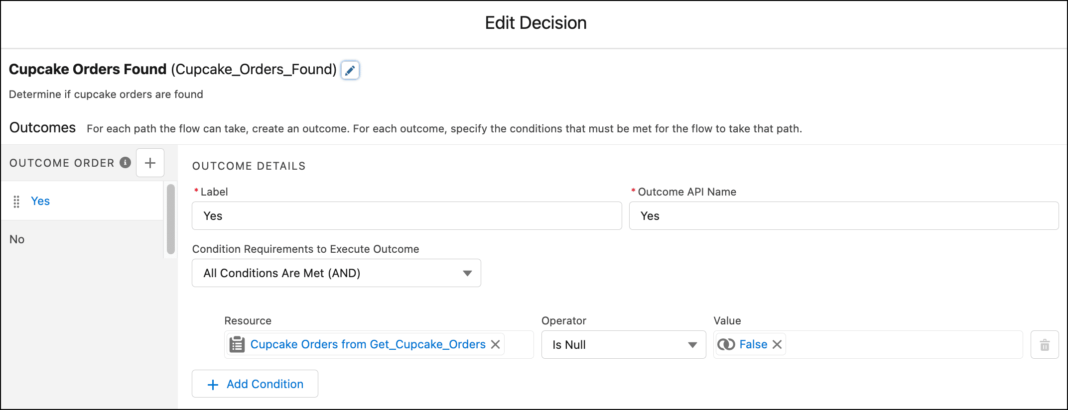 Decision element to determine whether the customer has any cupcake orders