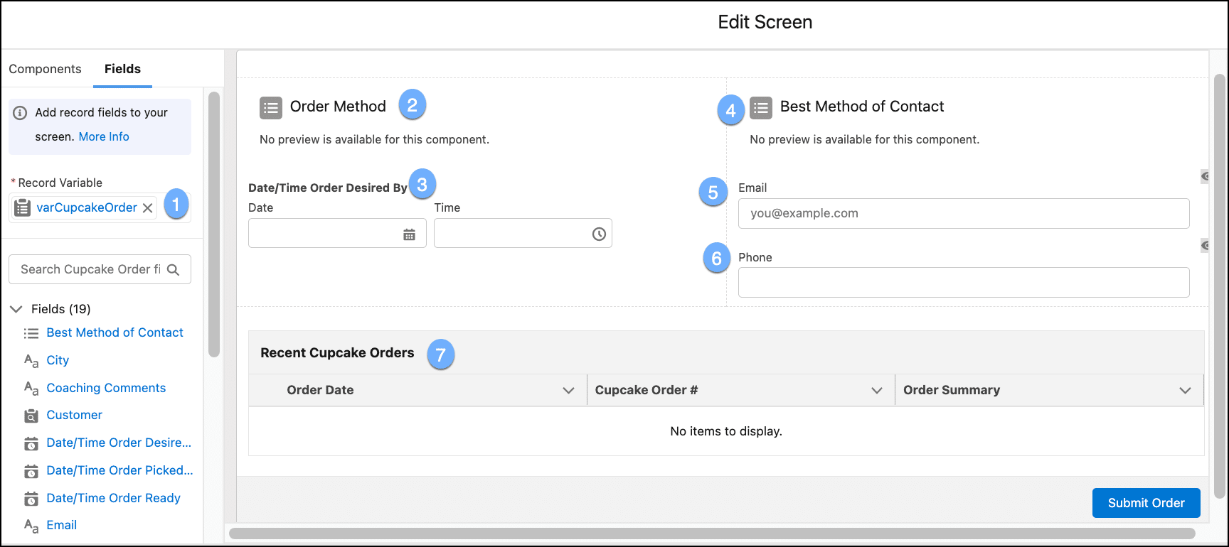 Configured Screen element to collect order information