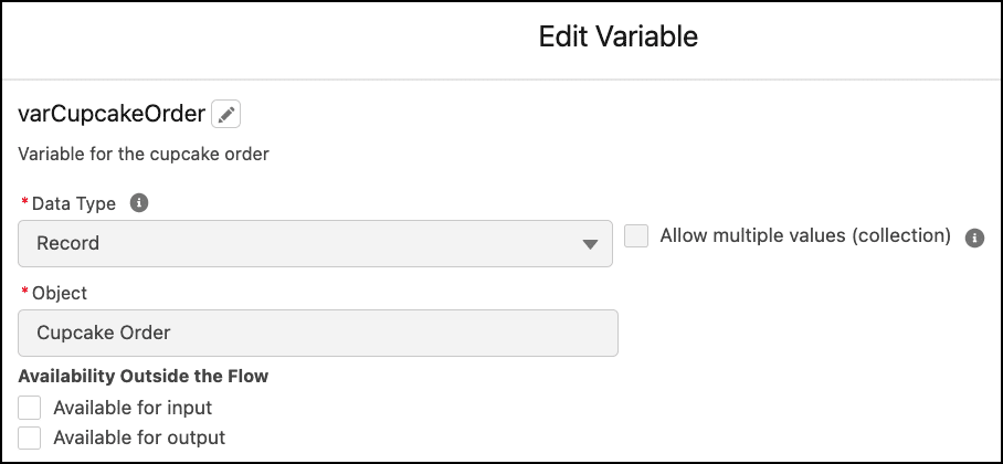 Record variable varCupcakeOrder