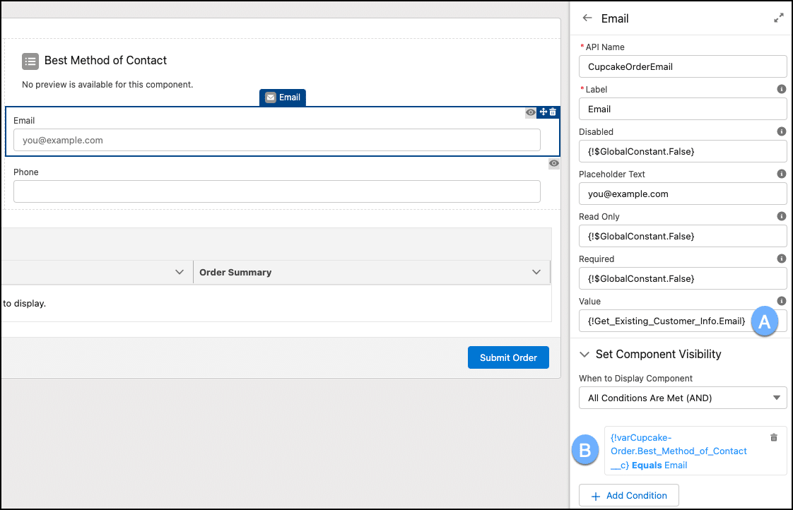 Email field configuration—default value and component visibility