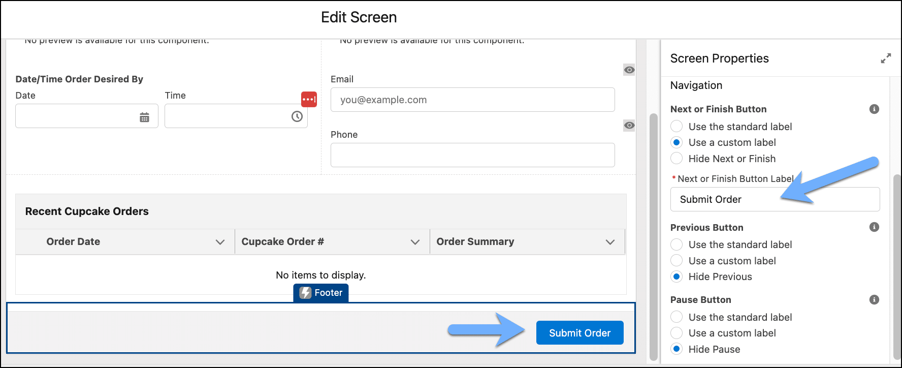 Configured the footer to change the standard “Next” label to “Submit Order”