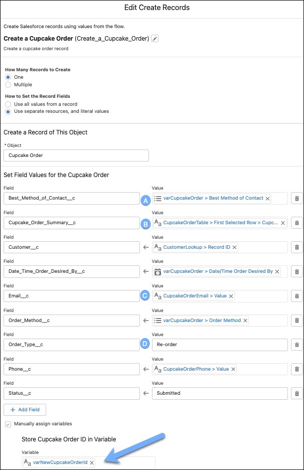 Configured Create Cupcake Order flow element