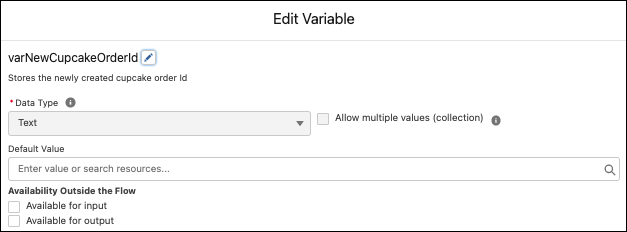 Configured variable varNewCupcakeOrderId