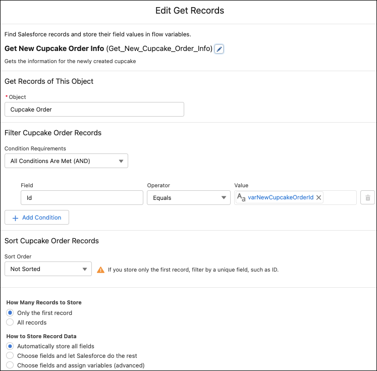 Get Records element to get the information on the newly created cupcake order record