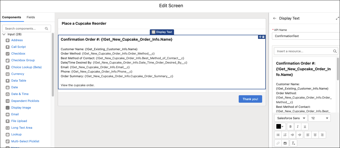 A Display Text component with bolding and merged fields