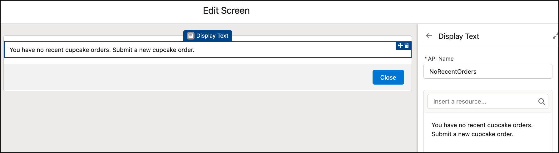 A Display Text component used to display a message