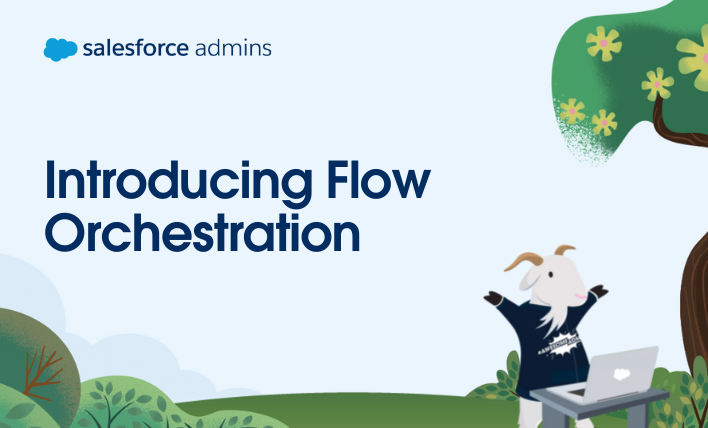 Cloudy standing next to text that says, "Introducing Flow Orchestration."