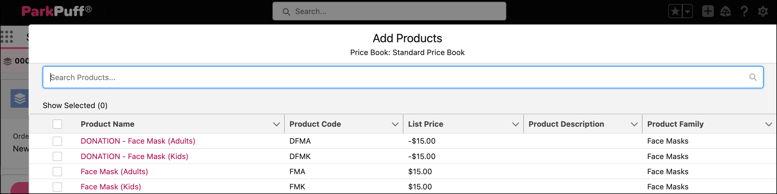 The Add Products screen where you can add your order product records