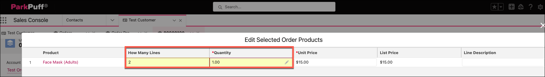 The Edit Selected Order Products screen where you can edit the How Many Lines and Quantity fields