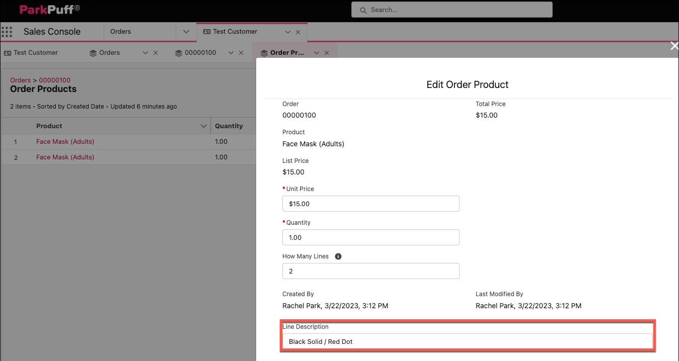 The Edit Order Product screen where you can update the Line Description field per order line item