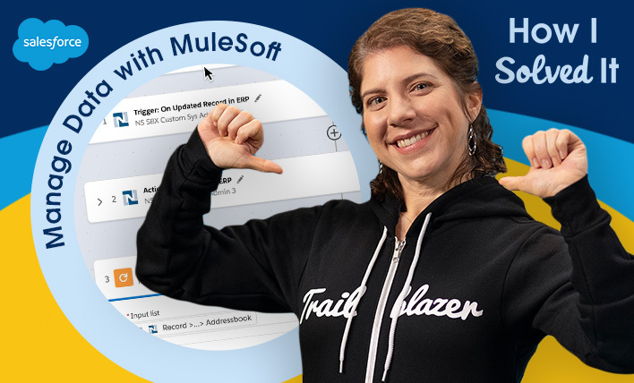 Jen Cole pointing to herself and text to the left of her that says, "Manage Data with MuleSoft."