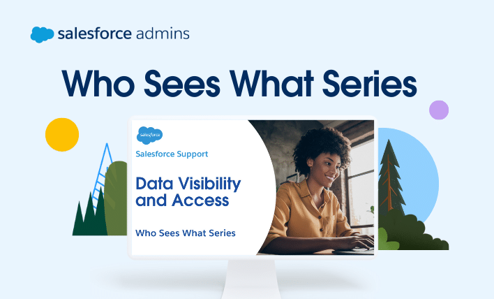 Computer monitor with text that says "Salesforce Support: Data Visibility and Access; Who Sees What Series."