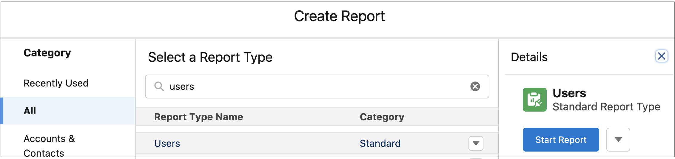 Create Report window, which shows the Users standard report type.