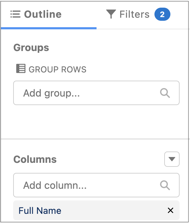 Outline panel of the Report Builder, which shows the Full Name field added as a column.