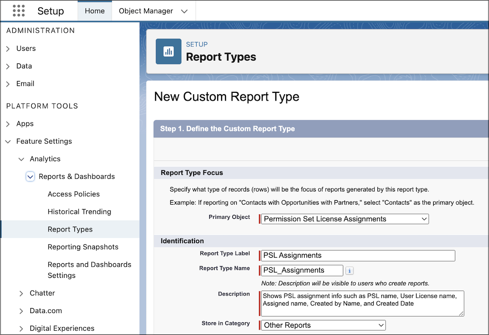 New Custom Report Type page in Setup, with Permission Set License Assignments selected as the primary object.