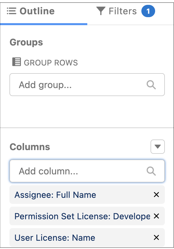 Report Builder Outline panel, with the fields Assignee: Full Name, Permission Set License: Developer Name, and User License: Name added as columns.