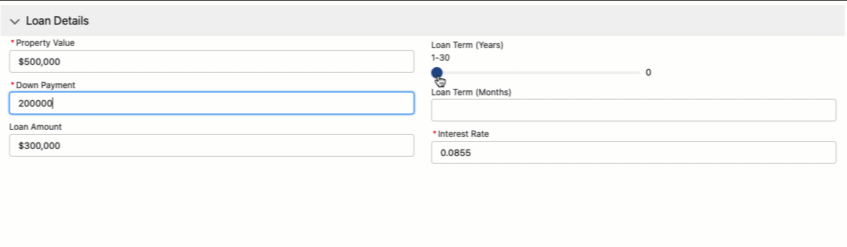 Shows a monthly mortgage payment being generated in real time with reactive formulas and no code.