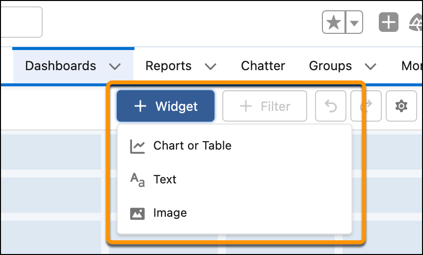 Screenshot zoomed in on Add Widget button in Dashboard builder.