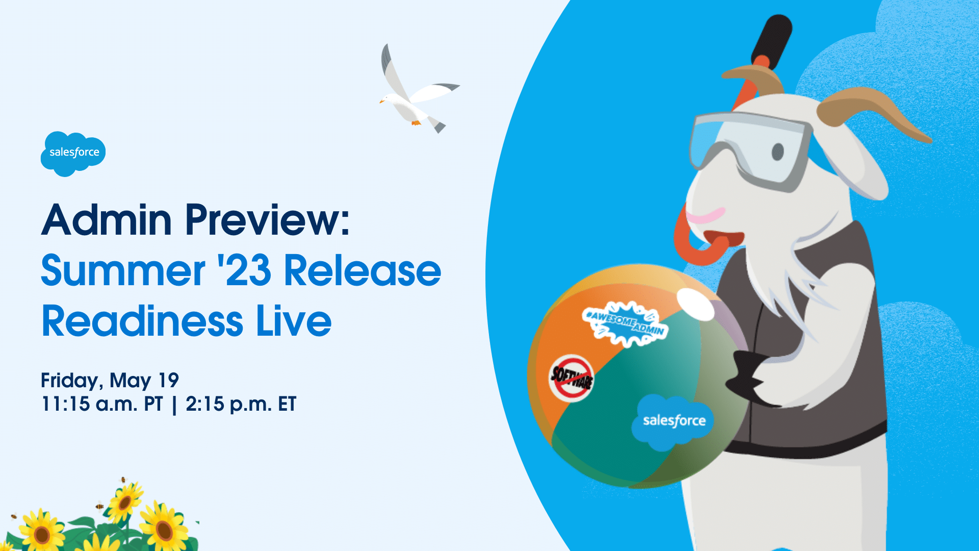 Cloudy in snorkeling gear next to text that says, "Admin Preview: Summer '23 Release Readiness Live."