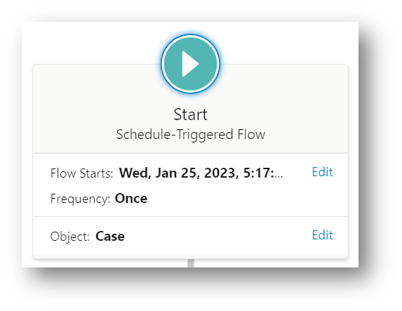 The Start node, which shows the Date and Time to execute the flow, the Frequency of Once, and the selected Object as Case.