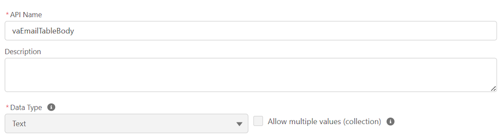 Configuration for the text variable that stores the HTML table.