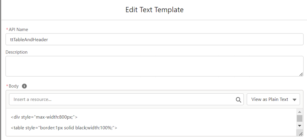 Text template configuration set to View as Plain Text.