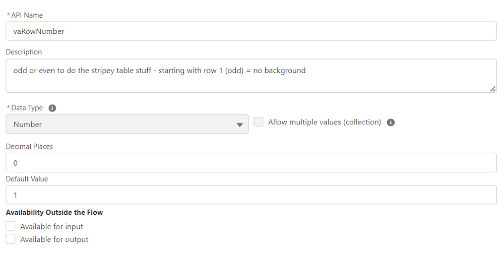 Configuration of number variable used to store the row number.