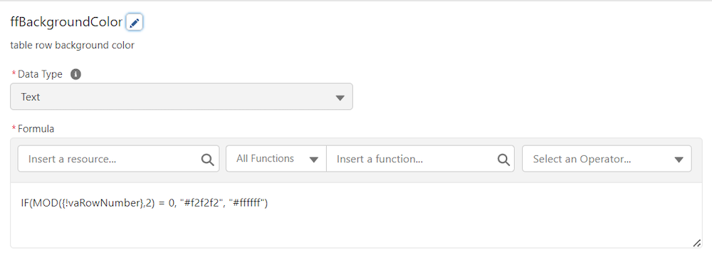 Configuration for the Formula field that sets a background color based on vaRowNumber.