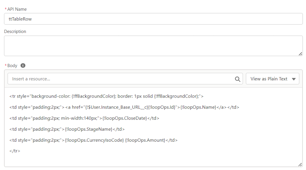 Text template with merge fields from the loop variable (Opportunity).