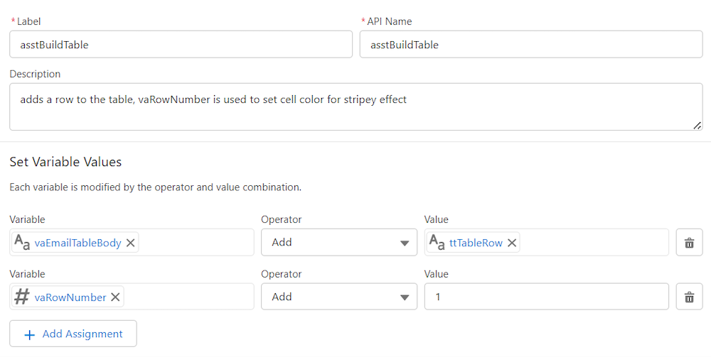  Configuration for Assignment element that adds HTML for table row to text variable.