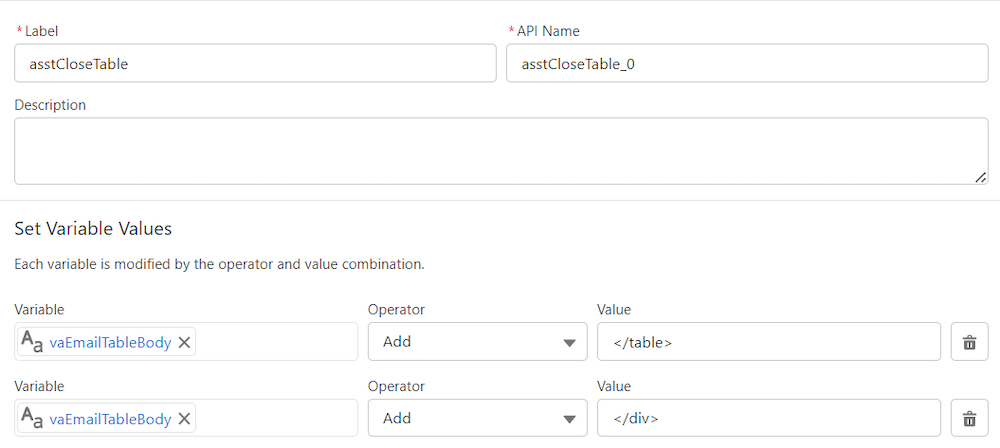 Configuration for Assignment element that closes out the table.