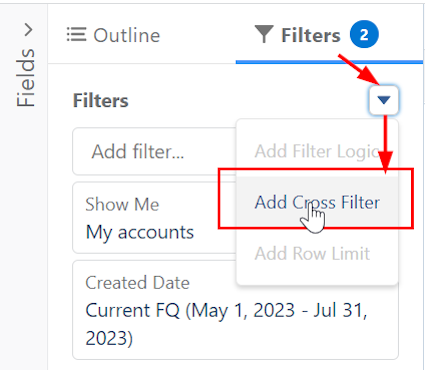 Red box highlighting how you can add a Cross Filter. 