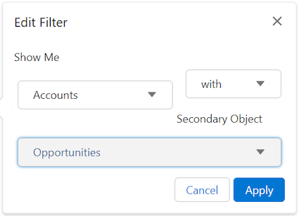 Edit Filter box with the following selected: "Accounts with Opportunities." 