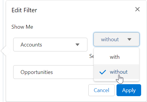 Edit Filter showing "Accounts without opportunities." 