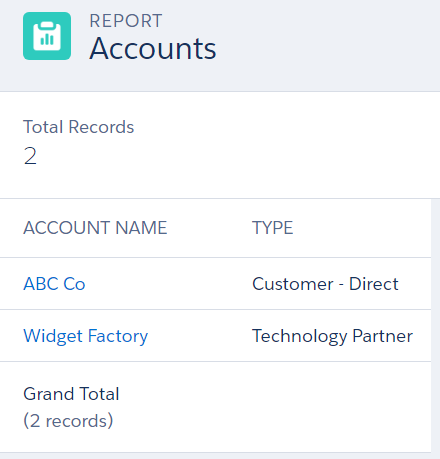 Report Accounts section filled out for two records. 