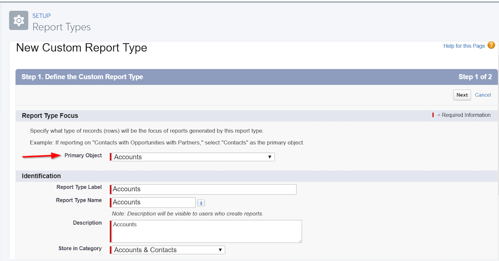 Report Types in Setup. Red arrow highlighting the Primary Object drop down. 