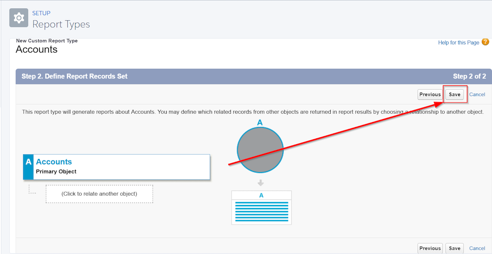 Report Types in Setup. Step 2. Define Report Records Set. Red arrow pointing to the "Save" button. 