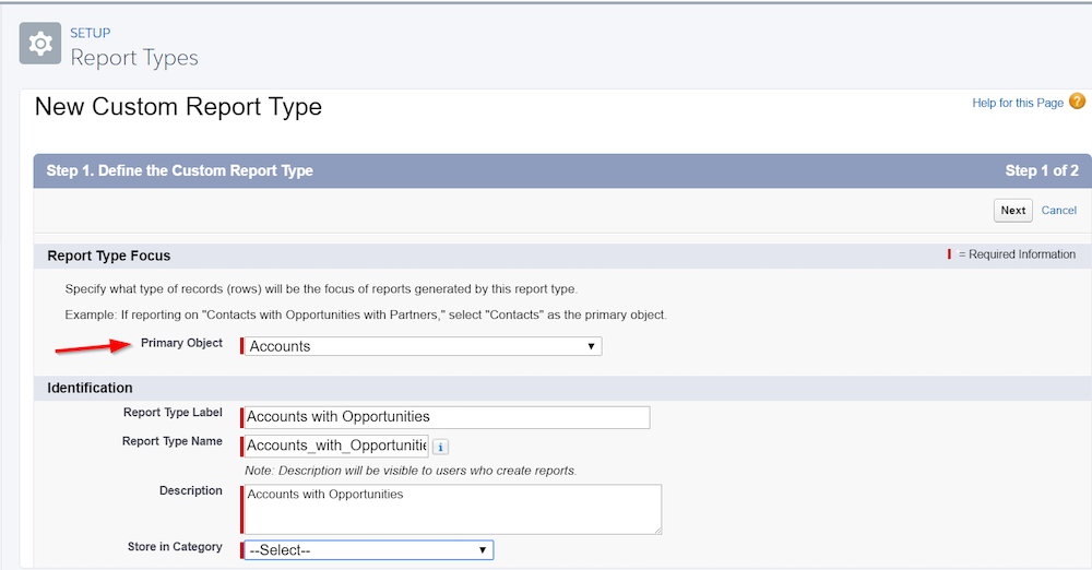 Report Types in Setup. Red arrow highlighting the Primary Object drop down. 