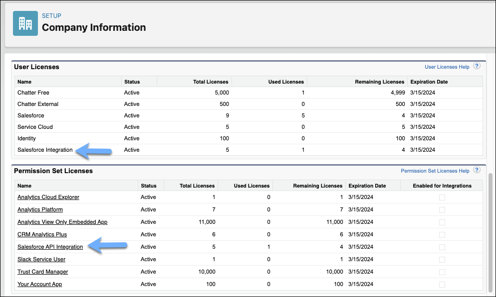 Shows the Salesforce Integration user license and Salesforce API Integration permission set license.