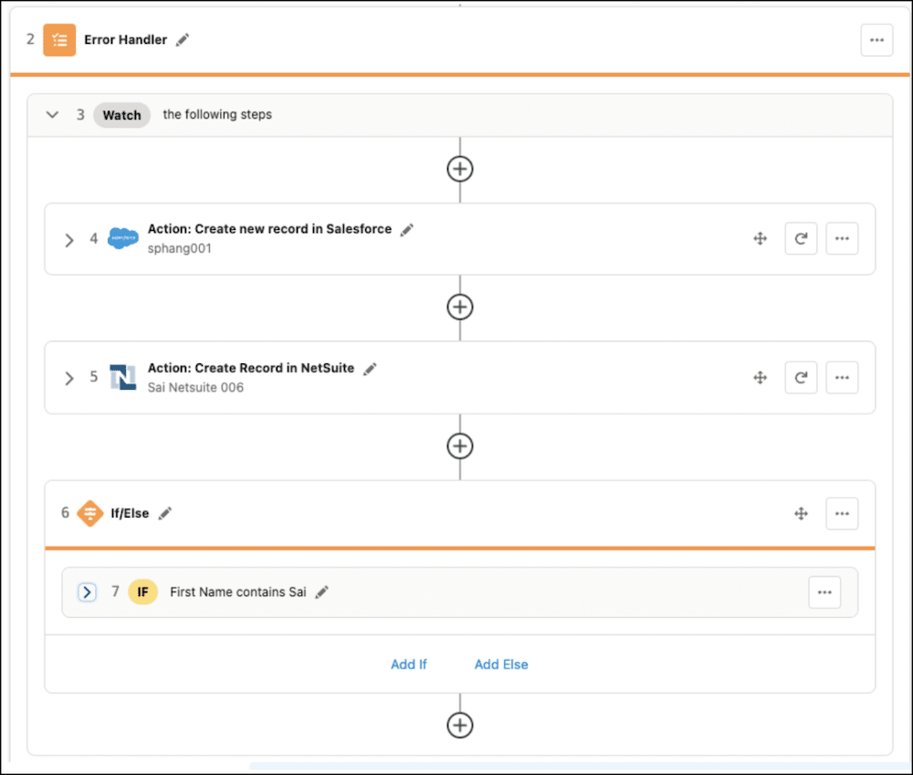 This shows the Error Handler Watch Section where 2 steps are added into the Watch section.