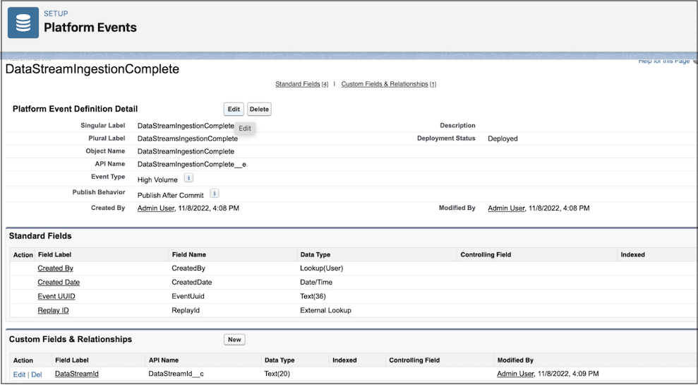 Platform Event for Data Ingestion Completion.