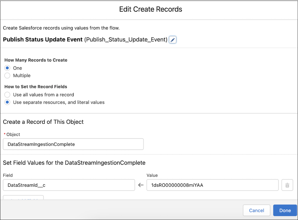 Populate the platform event for the Record-Triggered Flow.