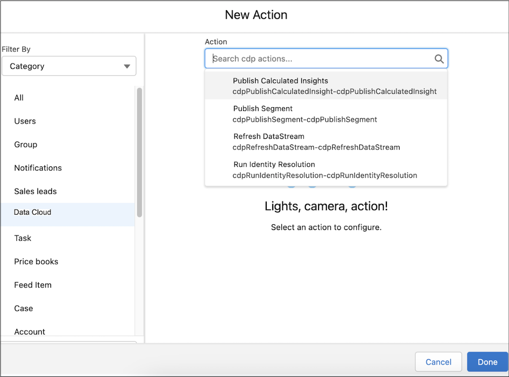 Select the Data Cloud Action in the Auto Launched Flow as needed.