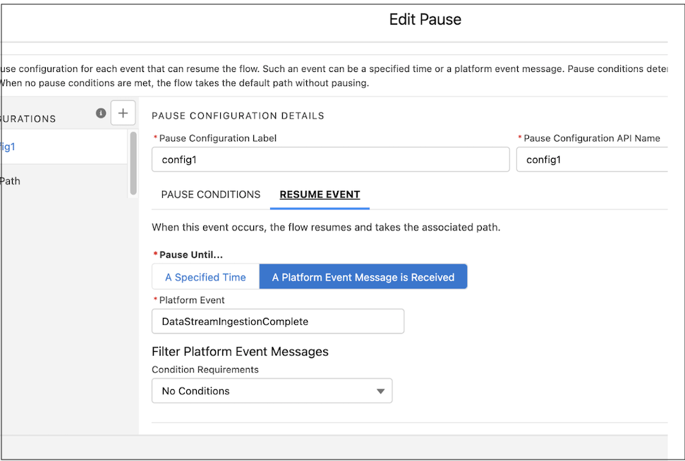 Setting the Resume Event condition based on the Platform Event.