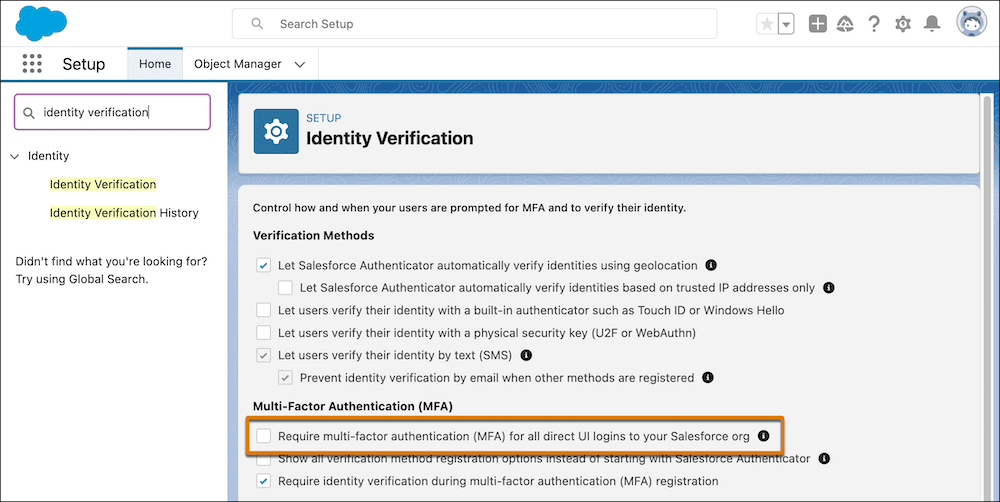 The MFA org setting on the Identity Verification page in Setup.