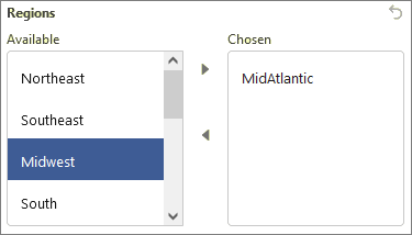 Multi-select picklist detail that shows available regions and selected regions.